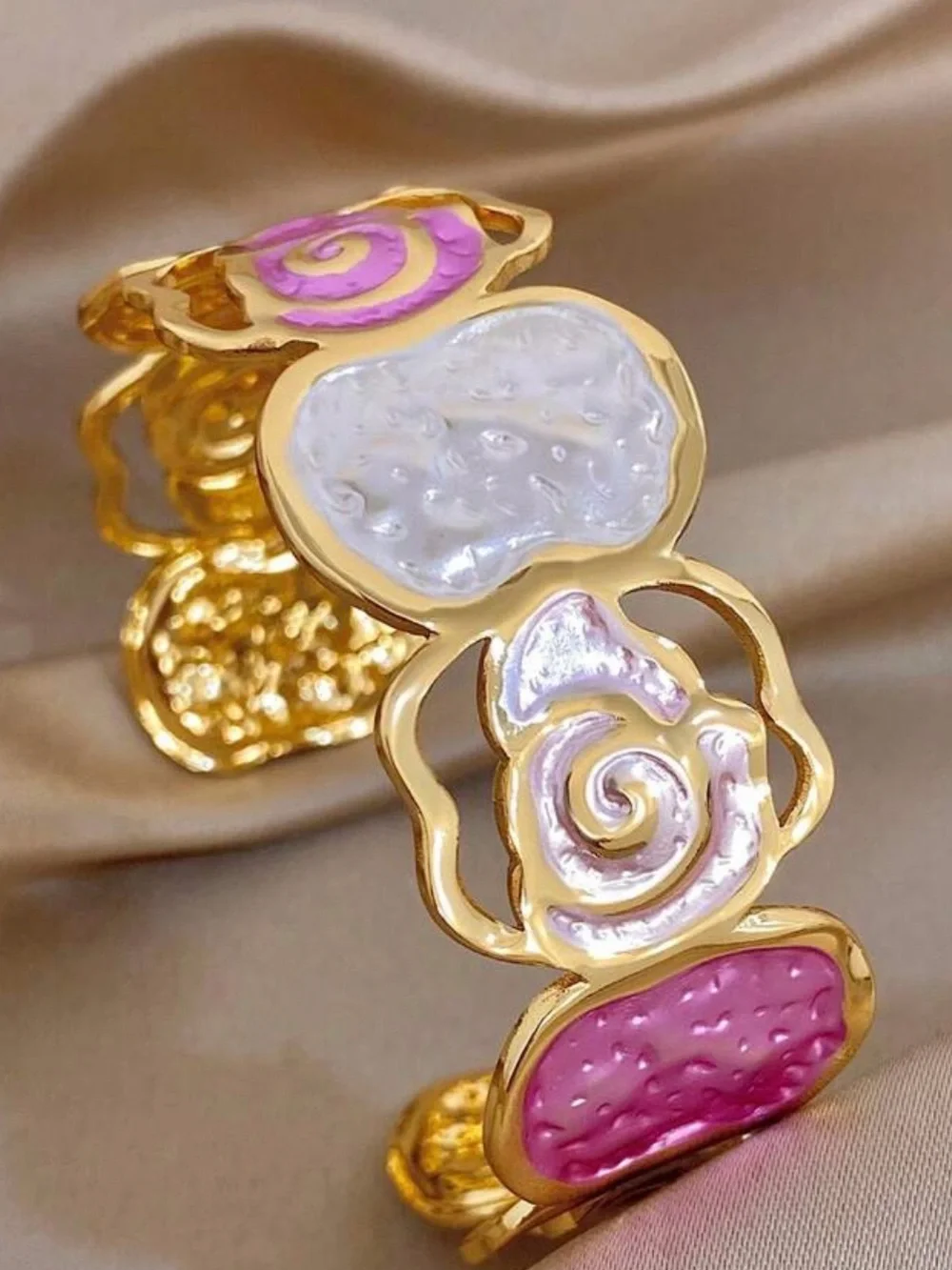 Gold-Tone Pink and White Floral Enamel Cuff Bracelet